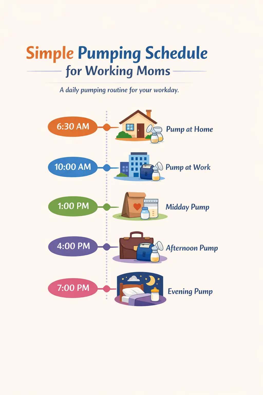 Simple pumping schedule for working moms showing 5 sessions throughout the day